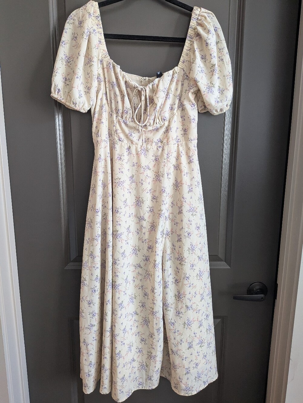 Cream Floral Puff-Sleeve Midi Milkmaid Dress - Elegant Summer Style Cottagecore